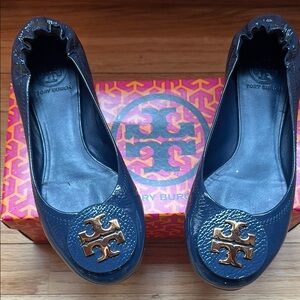 Tory Burch Navy Ballet Flats with Gold Logo